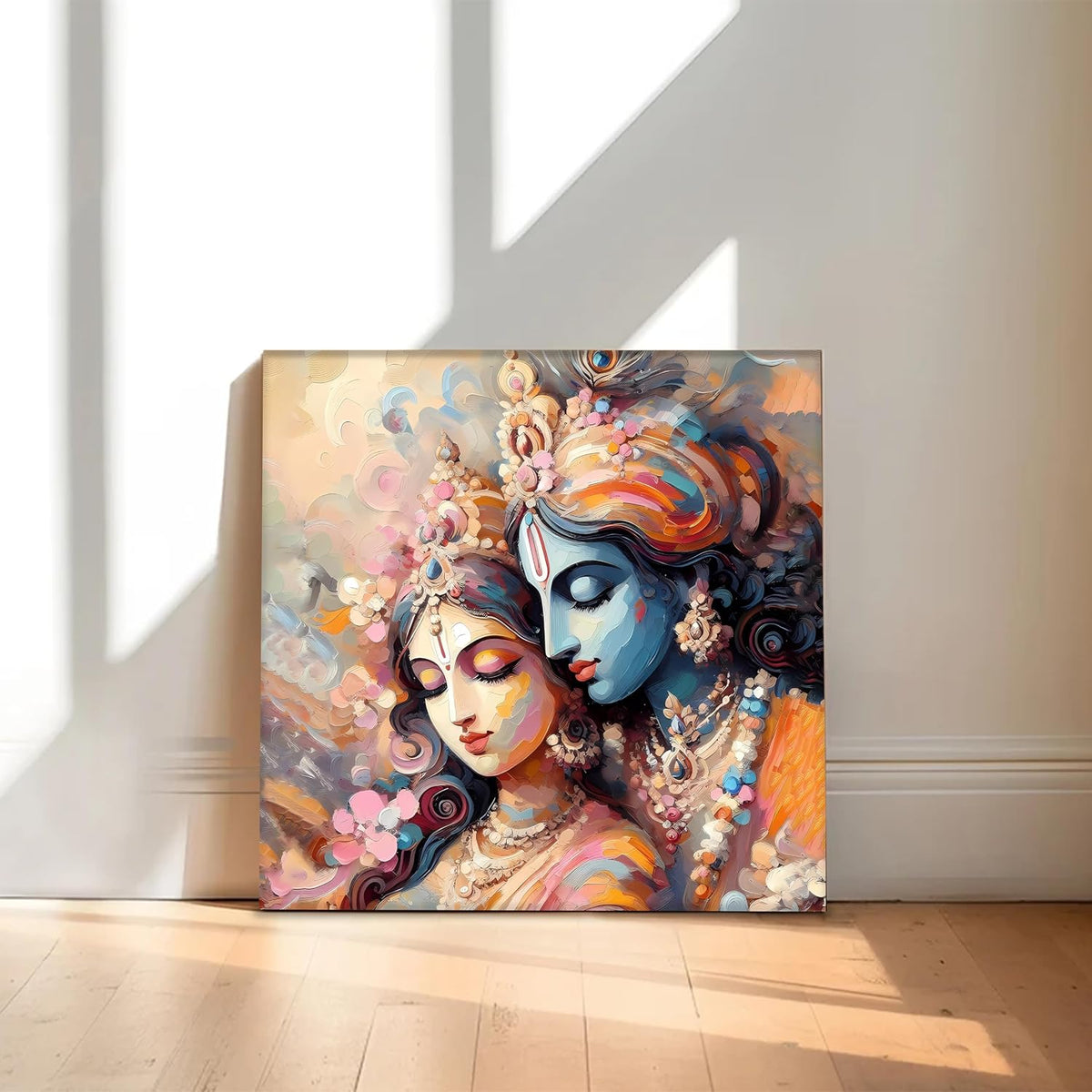 Divine Radha Krishna Stretched Canvas Painting for Living Room | Spiritual Canvas Artwork Wall Décor Art For Livingroom, Bedroom, Office, Hallways - 16x16 Inch