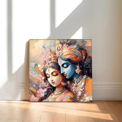 Divine Radha Krishna Stretched Canvas Painting for Living Room | Spiritual Canvas Artwork Wall Décor Art For Livingroom, Bedroom, Office, Hallways - 16x16 Inch