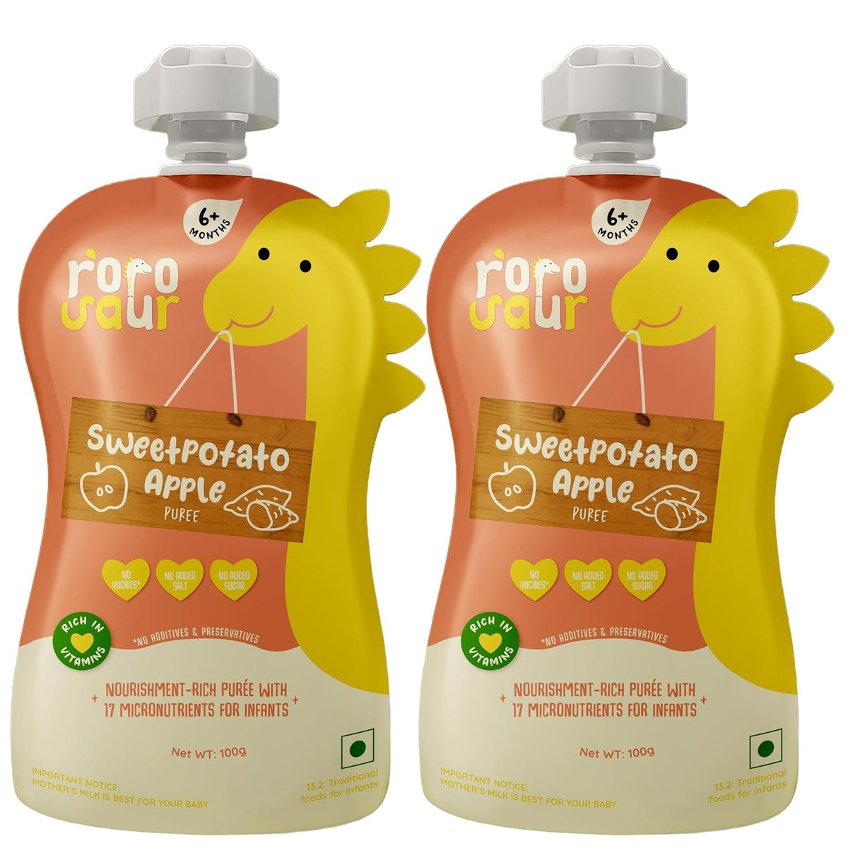 Rorosaur Ready to Eat Fruit & Veggie Baby Food Puree Pouch for 6+ Months 100g each, Pk of 2 | Made With Sweet potato & Apple Puree | 100% Natural Healthy Snack, No Preservatives, No Added Sugar