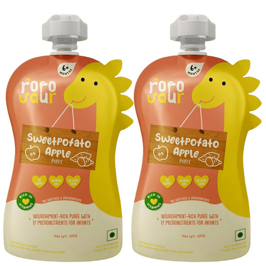 Rorosaur Ready to Eat Fruit & Veggie Baby Food Puree Pouch for 6+ Months 100g each, Pk of 2 | Made With Sweet potato & Apple Puree | 100% Natural Healthy Snack, No Preservatives, No Added Sugar