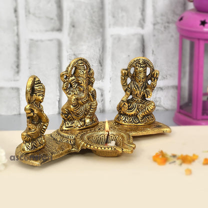 Laxmi Ganesh Saraswati Idol Showpiece Metal Statue with Diya Decoration Pooja Showpiece Sitting Idol Blessing Ganpati Sculpture for Home Diwali Puja Home Decor Festival Gifts