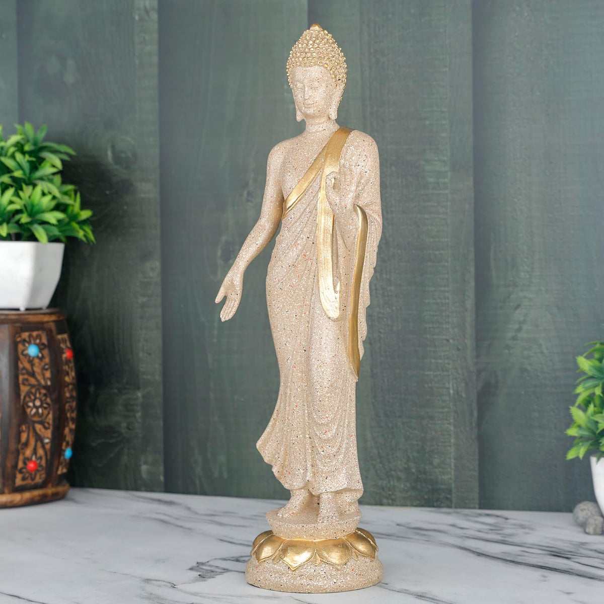 New Standing Buddha Statue showpiece Idol Home Decor Items for Living Room and Gifts (Stone White)