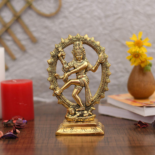 Metal Shiva Idol Natraj Statue Statue for Home Decor - Gold Plated Dancing Shiva Natraja/Natrajan Showpiece Figurine Murti Deccoration & Gifts (Size 7 x 3.5 Inch)
