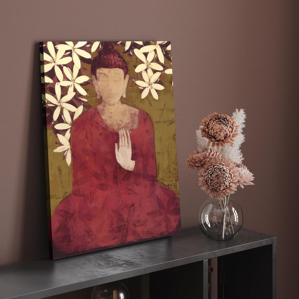 Stretched Canvas Painting Calm buddha in Red Choga Wall For Living Room, Home Decor, Wall Decoration Paintings (Size: 16x22 Inch)