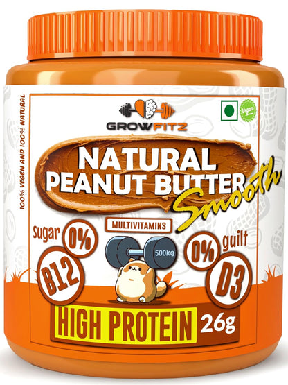 Growfitz Natural Peanut Butter Smooth 800g | 26g High Protein | Unsweetened, 100% Roasted Peanuts | Nut Butter Spread for Workout | No Sugar, No Palm Oil, Gluten & Cholesterol Free (Pack of 1)