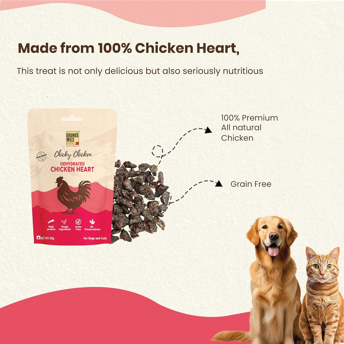 Brunos Dehydrated Chicken Heart - 60g |Treat for Dogs & Cats|Grain Free Natural Treats | Single Ingredient | Preservative Free | Immunity Boost Formula | Healthy Snack for Pets
