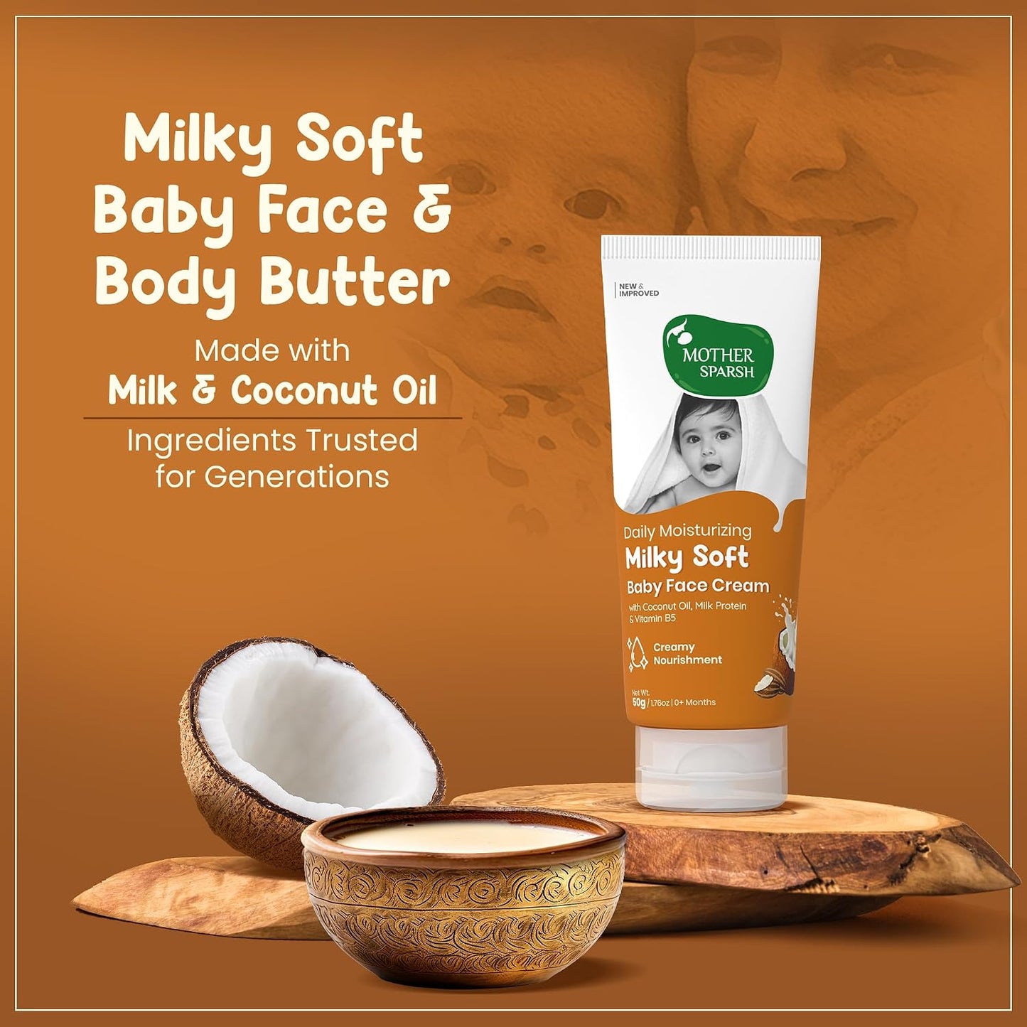 Mother Sparsh Milky Soft Baby Face Cream | Daily Moisturizing Face Cream for Babies With Coconut Oil, Milk Protein & Vitamin B5 | Non Sticky Baby Cream Prevents Dryness- (50g)