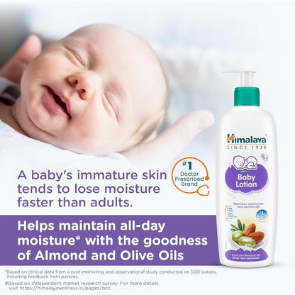 Himalaya Baby Lotion bottle with a baby and text about skin care.