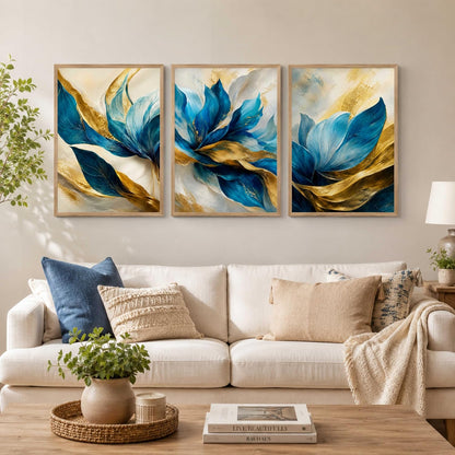 Blue Gold Floral Leaf Wall Painting Set of 3 for Kids Room Bedroom Living Room Hall Decor, Abstract Botanical Art, Premium Wooden Synthetic Frame (13.5 x 19.5) NM03-152