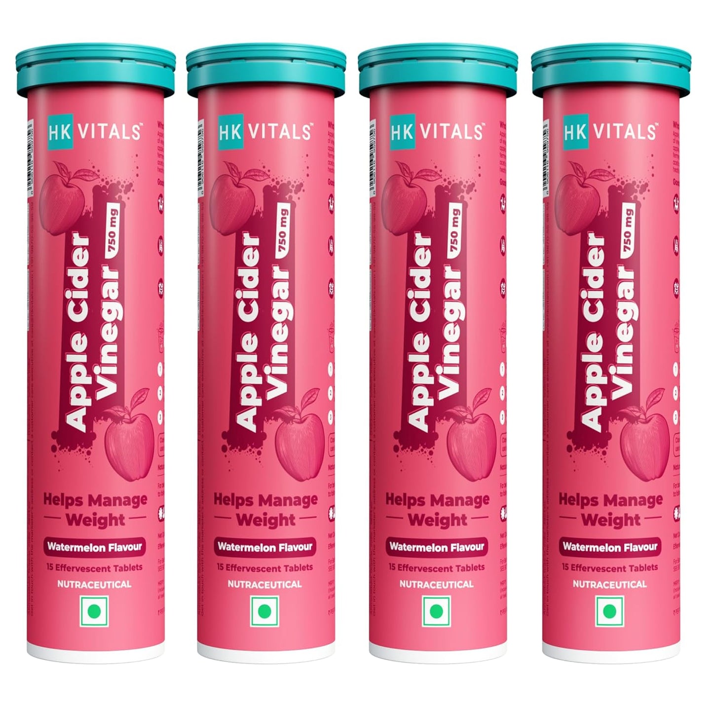 HealthKart HK VITALS Apple Cider Vinegar 750mg (Watermelon, 15 Effervescent Tablets) Pack of 4| For Weight Management & Gut Health, Supports Digestion