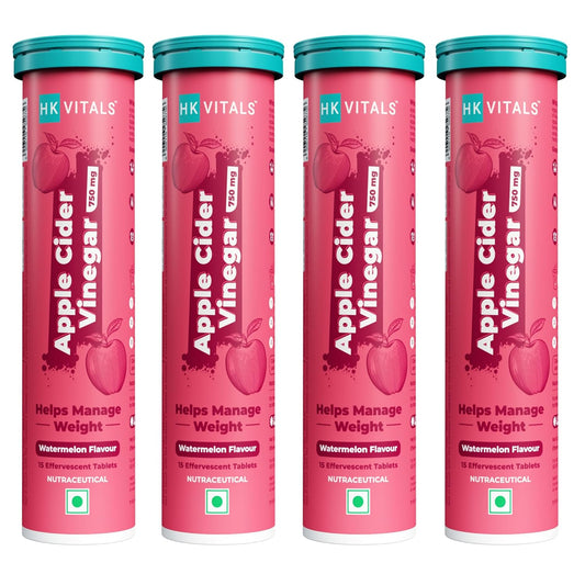 HealthKart HK VITALS Apple Cider Vinegar 750mg (Watermelon, 15 Effervescent Tablets) Pack of 4| For Weight Management & Gut Health, Supports Digestion