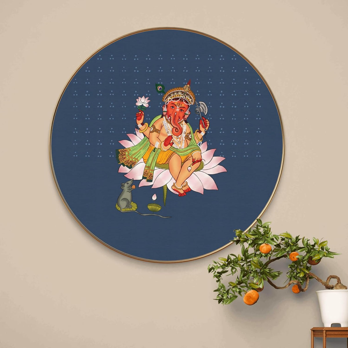 Lord Ganesha Round Art Print with Golden Frame | Ganpati on Lotus HD Divine Art Print for Pooja Room Living Room Temple Decor 16 Inch x 16 Inch