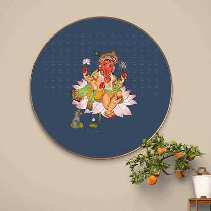 Lord Ganesha Round Art Print with Golden Frame | Ganpati on Lotus HD Divine Art Print for Pooja Room Living Room Temple Decor 16 Inch x 16 Inch
