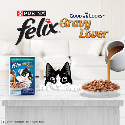 Purina Felix Mackerel Gravy Lover, Wet Food for Adult Cats, 70g Pouch | With Mackerel in Gravy, Tasty Meaty Chunks, 100% Complete & Balanced Nutrition, Vitamins D & E, Omega 6, Essential Minerals