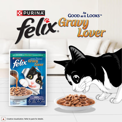 Purina Felix Mackerel Gravy Lover, Wet Food for Adult Cats, 70g Pouch | With Mackerel in Gravy, Tasty Meaty Chunks, 100% Complete & Balanced Nutrition, Vitamins D & E, Omega 6, Essential Minerals