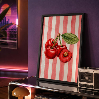Cherry Wall Art Framed Painting for Home Decor, Red Fruit Botanical Illustration Wall Decor for Living Room Bedroom Office, Retro Aesthetic Room Decoration (DGN01-Black10x13 inch)