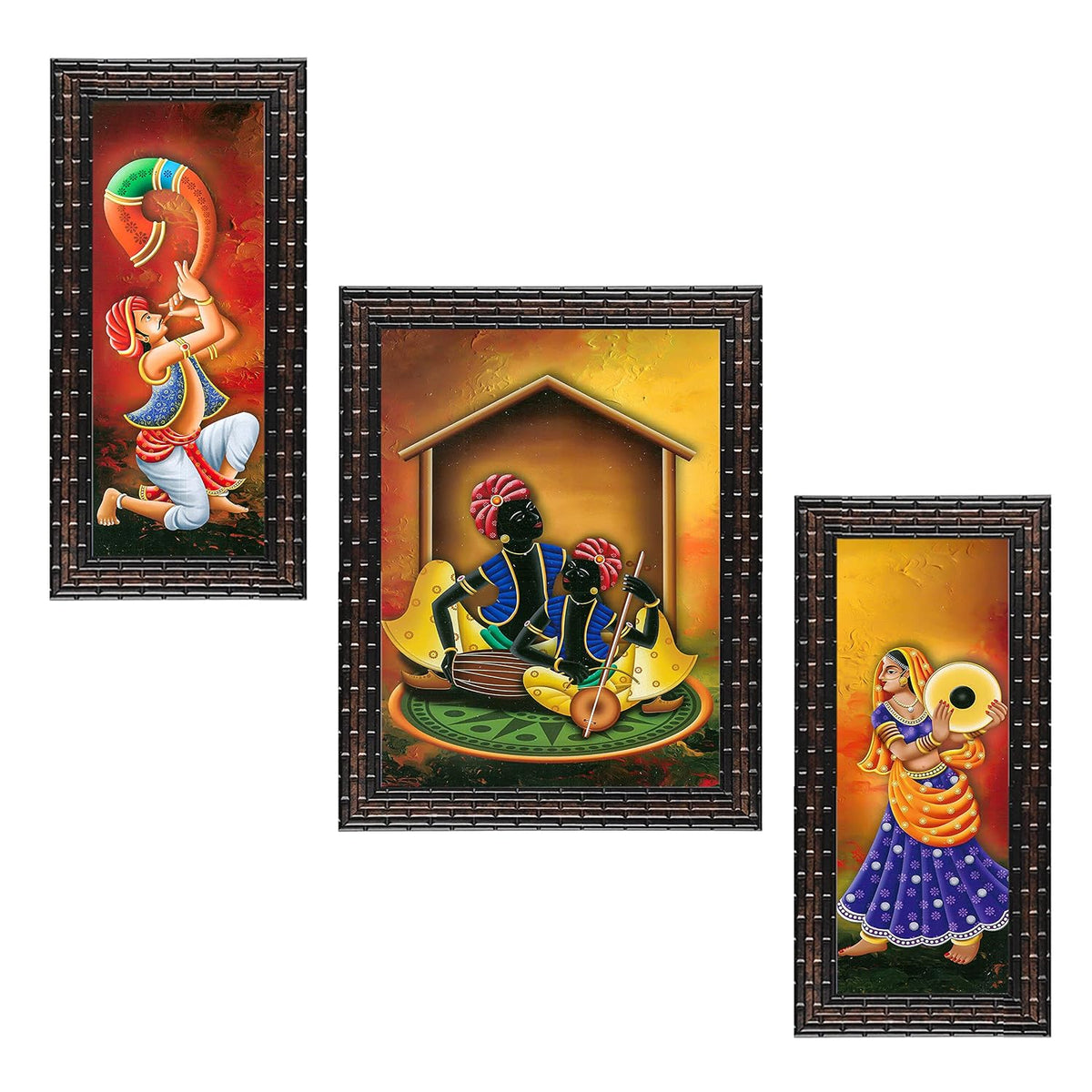 3 PC Set of Rajasthani Folk Music & Dance Paintings (1084) Without Glass 6 X 13, 10.2 X 13, 6 X 13 inch-Multicolour