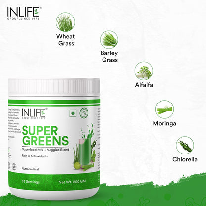 INLIFE Super Greens Powder Supplement | Spirulina, Moringa, Chlorella, Alfalfa, Wheat Grass, Barley Grass Blend | - 200g