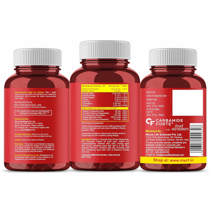 Three red supplement bottles with white caps on a white background