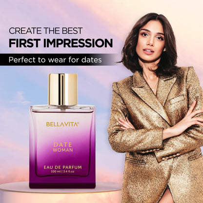 Bellavita Date Woman eau de parfum bottle with a woman in a gold suit on a gradient background