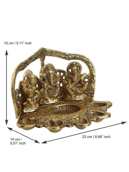 Laxmi Ganesha Saraswati with Diya for 6 Wicks Handcrafted Metal Decorative Showpiece,Gold