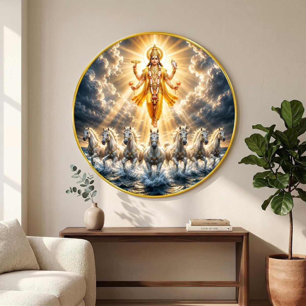 Lord Vishnu 7 Horse Round Wall Painting with Premium PVC Golden Frame, Divine Surya Vastu Art, Hindu Religious Home Decor for Living Room Prayer Room (20 x 20 Inch) GRL-447