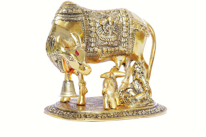 KridayKraft Kamdhenu Cow,Calf with Bal Gopal Krishna Metal Statue for Good Luck,Feng Shui As Table Top Figurine,Vastu,Religious Gau MATA Idol Home,Office&Table