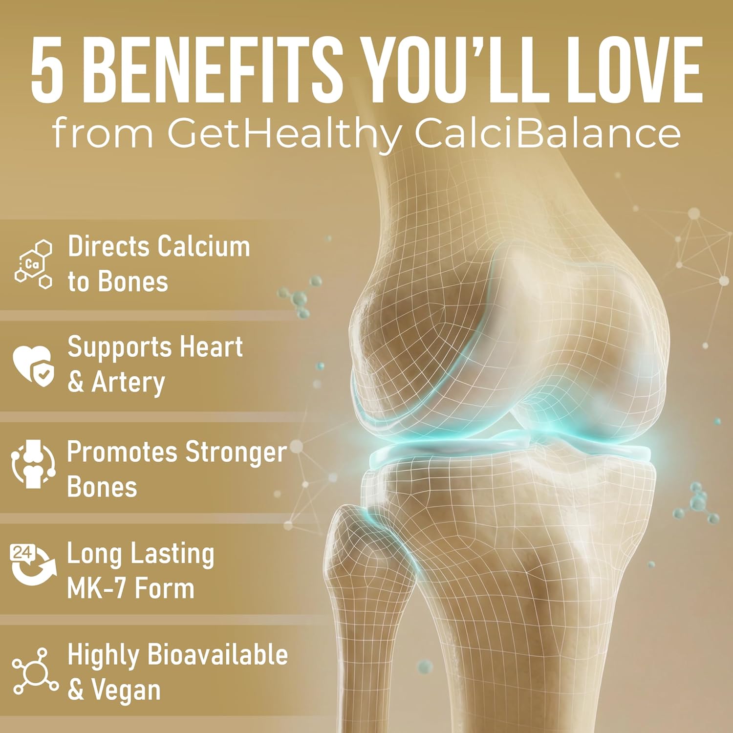 Advertisement for GetHealthy CalciBalance with a knee illustration and benefits listed on a beige background.