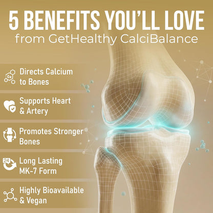 Advertisement for GetHealthy CalciBalance with a knee illustration and benefits listed on a beige background.