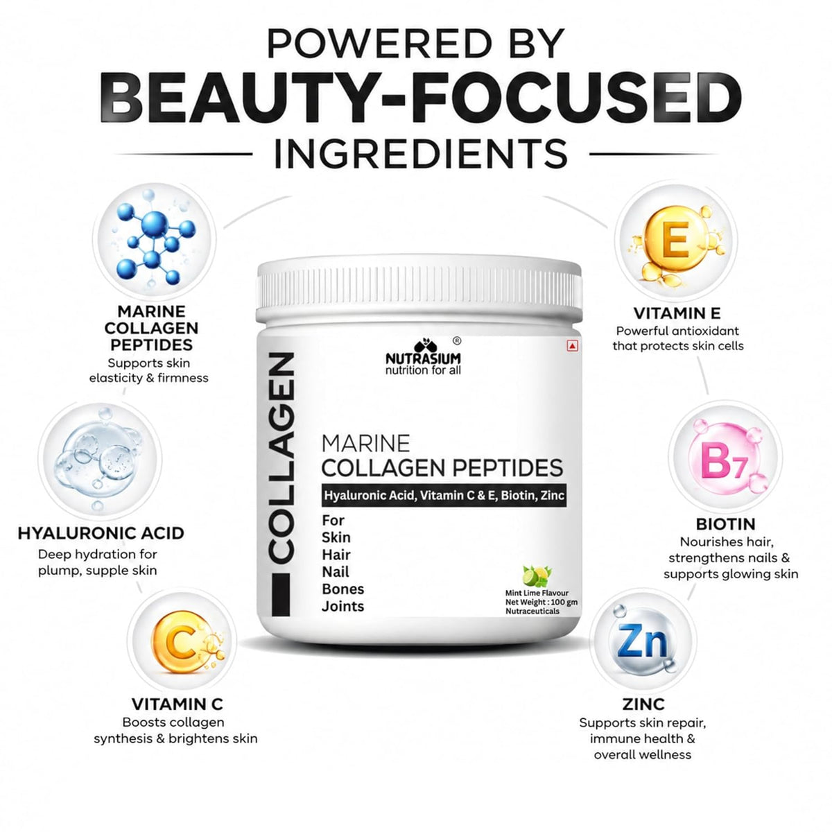 Nutrasium Marine Collagen Supplement with Vitamin C & Hyaluronic acid for Men & Women | Skin, Joints, Hair & Nails | Hydrolyzed Peptides Fast Absorption | Added Biotin & Zinc | 100 Gram Refrashing Lemin Mint Flavour