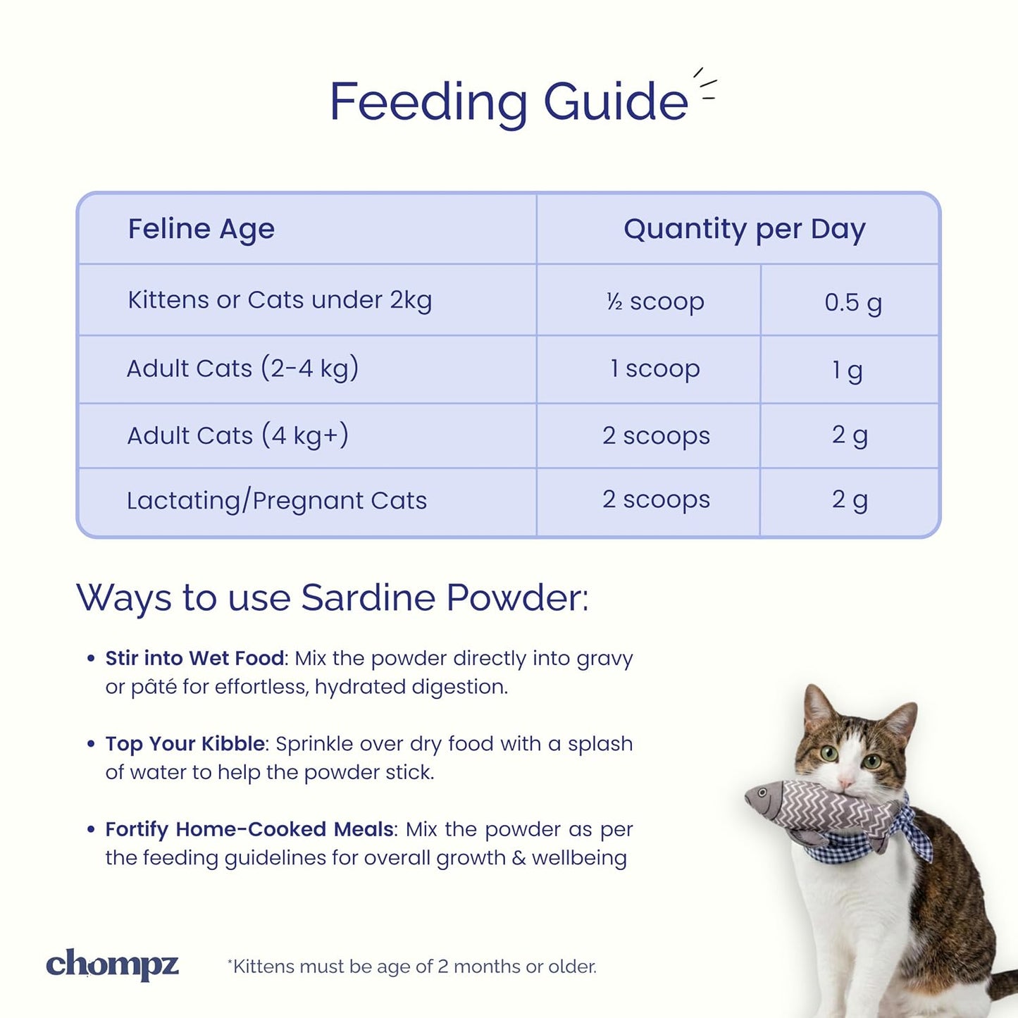 Chompz Sardine Powder for Cats | Natural Omega-3 Supplement | 50G | Pure Whole Fish Powder for Joints, Skin & Coat | Cat Food Topper | Scooper Included | for Kittens & Adults | 25+ Servings