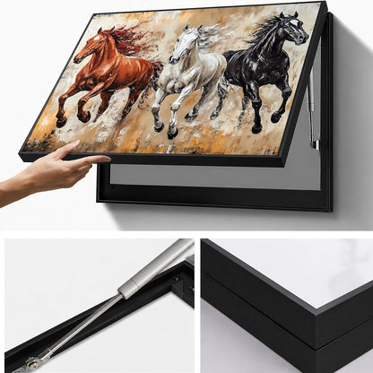 Electric MCB Box Cover Frame With Hydraulic Decorative Painting White 3 Running Horse Painting Electrical Panel box Cover, Switch Box Frame Will Fit Max 10x14 inch Switch Board, Outer Size 13X17 Inch