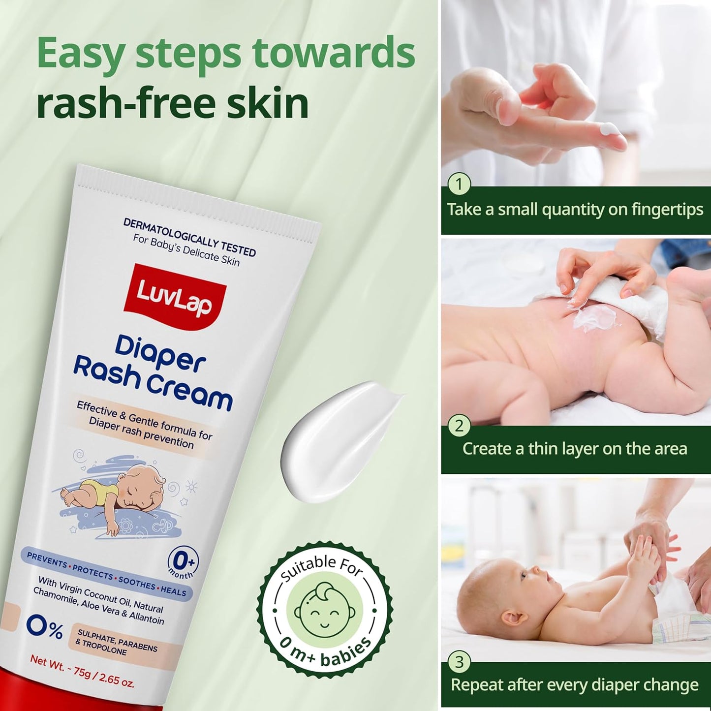 LuvLap Baby Diaper Rash Cream, 75g, Nappy Cream with Aloe Vera, Neem Extract & Provitamin B5, Soothes, Heals & Protects from Irritation, ideal for Newborn Sensitive Skin, Dermatologically Tested