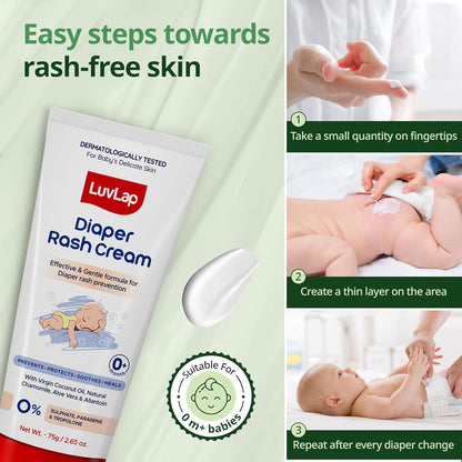 LuvLap Baby Diaper Rash Cream, 75g, Nappy Cream with Aloe Vera, Neem Extract & Provitamin B5, Soothes, Heals & Protects from Irritation, ideal for Newborn Sensitive Skin, Dermatologically Tested