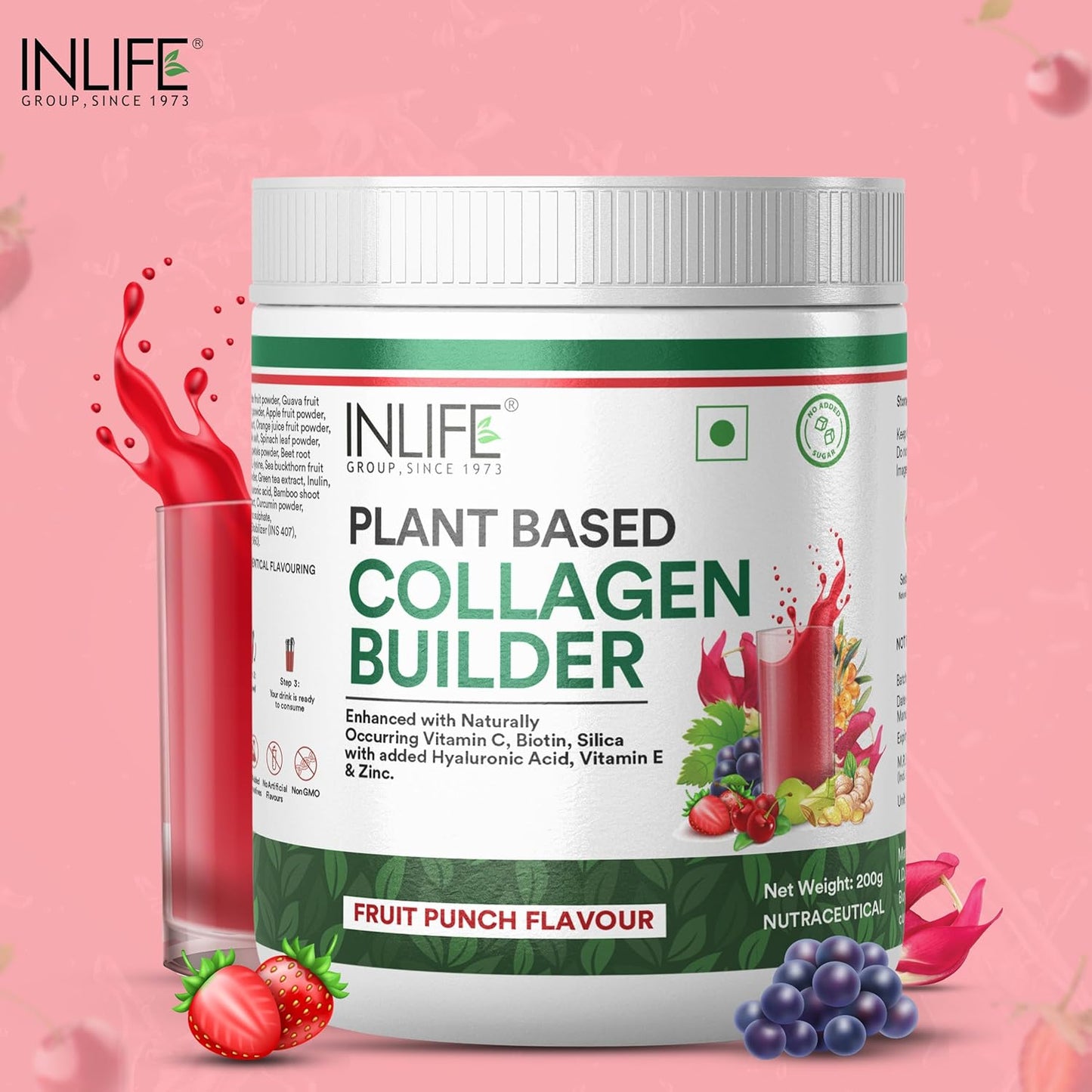 INLIFE Collagen Builder Supplements For Women and Men | Plant Based Collagen Powder for Skin & Hair with Biotin from Sesbania, Vitamin C, Silica, Hyaluronic Acid, Vitamin E, 200g (Fruit Punch)