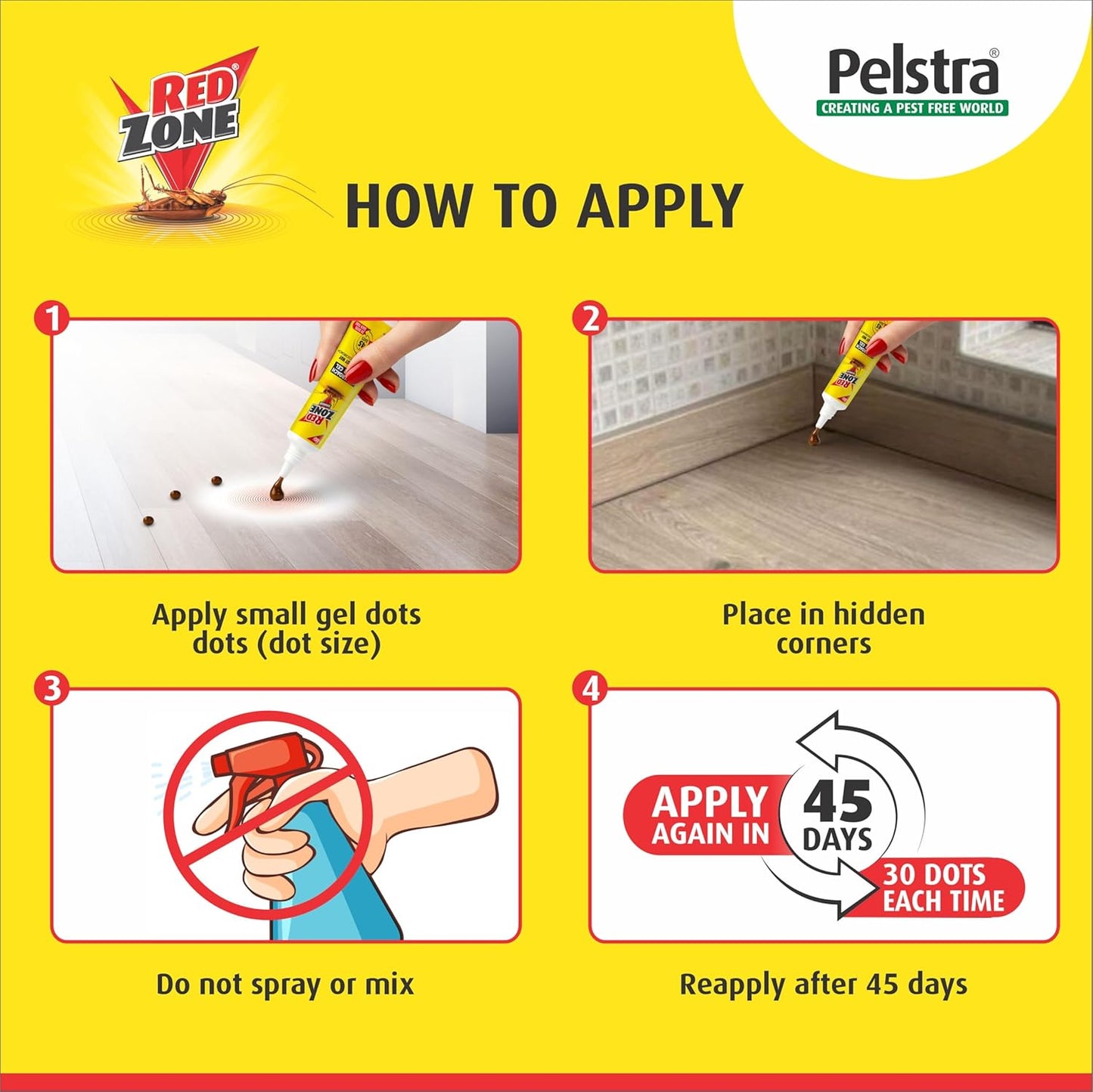 REDZONE Cockroach Killer Gel - 20g, Advance Formula Strong & Effective Long-Lasting Cockroach Gel for Home, Kitchen & Office, Anti Roach with Eco-Friendly, Easy to Use, Fragrance Free (Pack of 4)