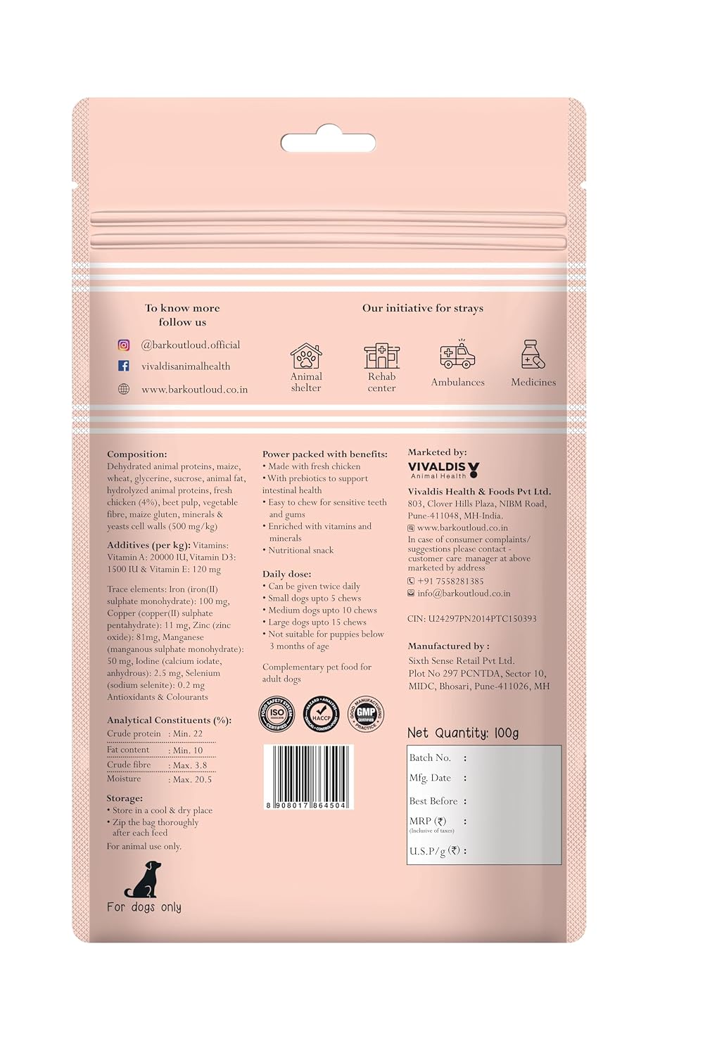 BARK OUT LOUD Red Hearts Soft Chews | Fresh Chicken Dog Treats | No Sugar - Prebiotics, Vitamins, Minerals, Antioxidants for Dogs 100g