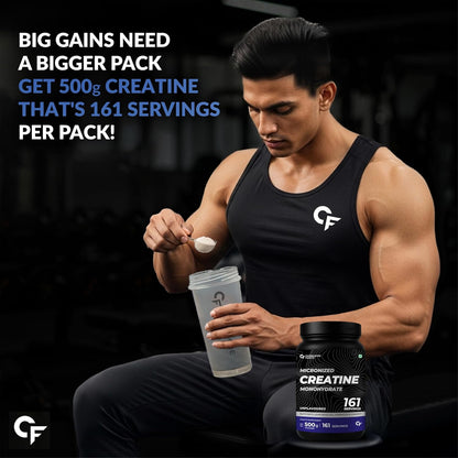 Man holding a creatine supplement with promotional text about package size and servings.