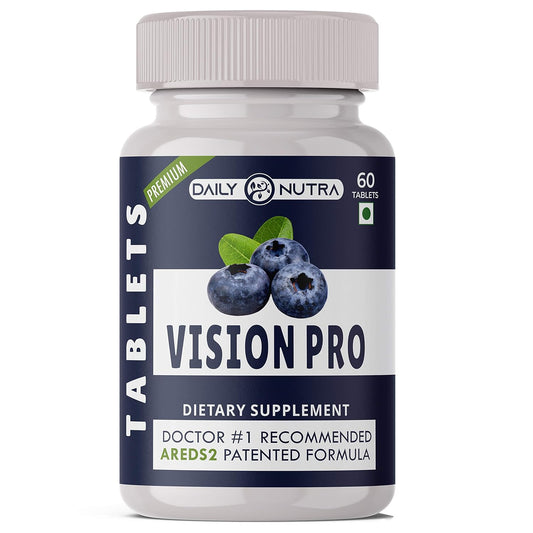 Vision Pro dietary supplement bottle with blueberries on a white background