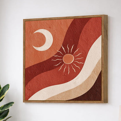 Boho Sun Moon Framed Painting For Living Room | Abstract Desert Large Canvas Painting With Frame Wall Art For Bedroom, Hallway's, Office, Hotel, Size 58x58 cm