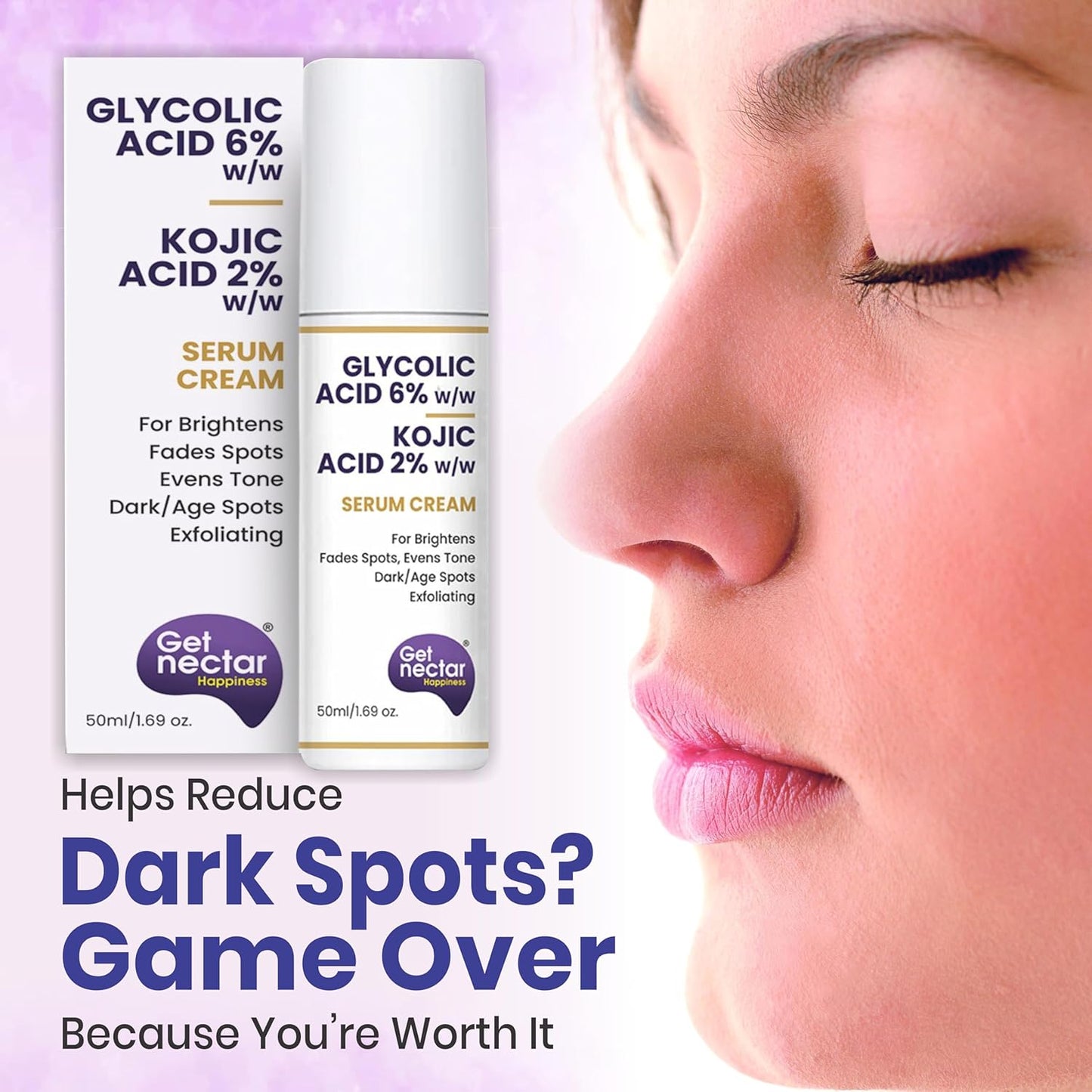 Get Nectar Happiness 6% Glycolic & 2% Kojic Acid Serum Cream Helps Reduce Pigmentation, Acne Scars, Dark, Age Spots, Blemishes & Uneven Skin Tone. Promotes a Brighter, Smoother-Looking Complexion 50ml
