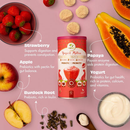 Pawfect Yogurt Melties Freeze Dried Pre and Probiotic Dog Treats with Strawberry, Apple, Papaya & Burdock Root - Healthy Gut- Low Calories- Grain & Gluten Free - Reward or Training Treats (38g/1.34oz)