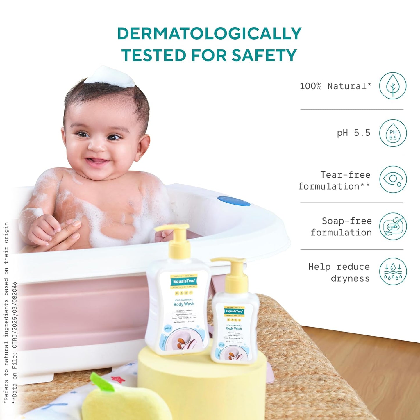 EQUALSTWO by Zydus Baby Body Wash 200ml, Tear-free & Soap-free, Head to Toe Baby Wash for Bath, Hypoallergenic & Dermatologically Tested, pH 5.5, Gentle Hydration for All Skin Types, (Pack 1)
