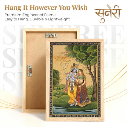 Radha Krishna Miniature Painting with Peacock Wall Art | Set of 2 Framed Paintings | Traditional Mughal Indian Decor for Living Room Bedroom | (ART 4, 13x19 INCHES)