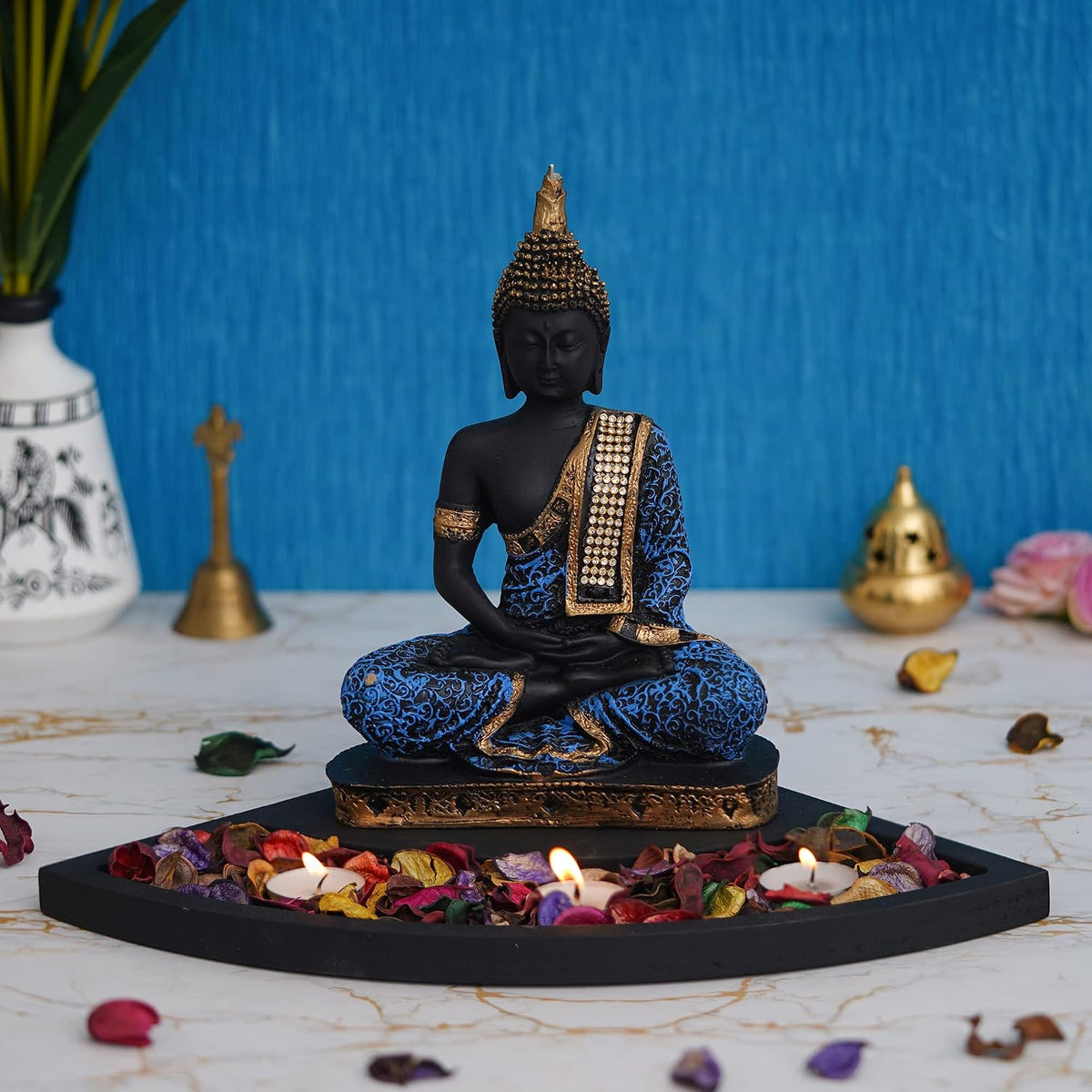Blue Resin Meditating Lord Buddha Statue Tea Light Candle Holder| Buddha Idol Tea Light Holder Diwali Decoration Items for Home Decor Buddha Showpiece Gift for Diwali Housewarming Birthday