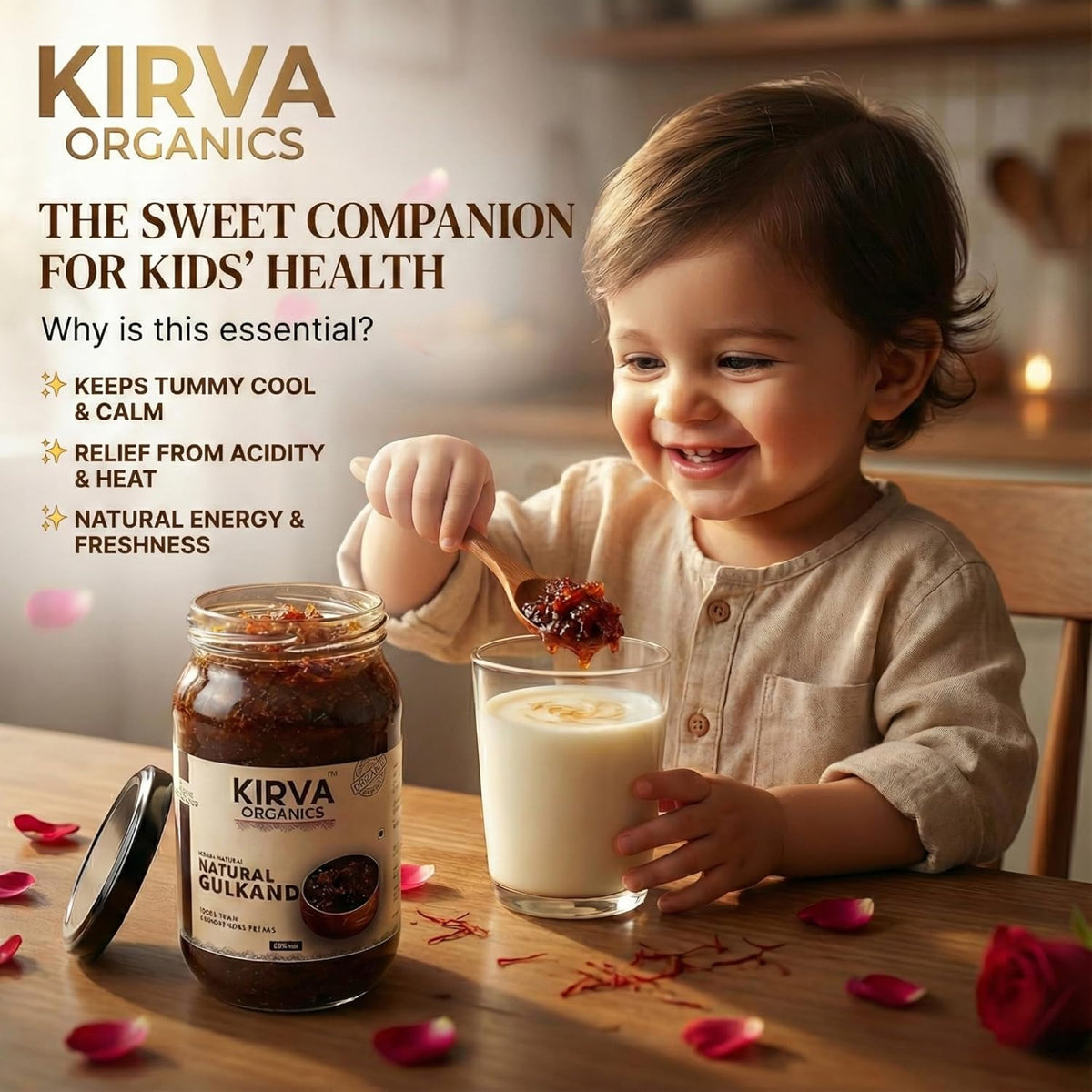 Kirva Organics Natural Gulkand 500g | Sun-Cooked Damask Rose Petals & Rock Sugar | Infused with Kesar & Elaichi | Ayurvedic Digestive & Natural Body Coolant | No Artificial Flavors