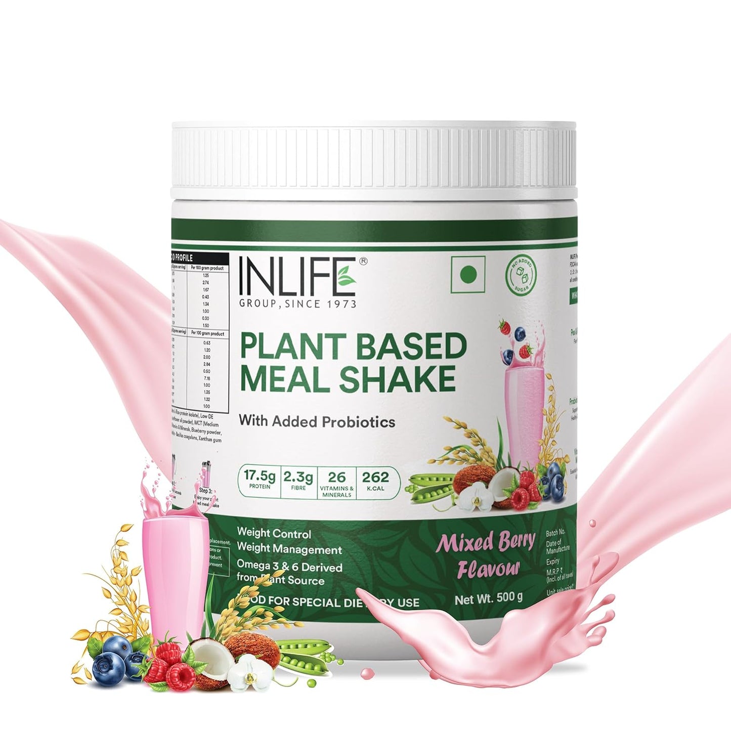 INLIFE Plant Based Meal Replacement Shake | Plant Protein Powder (17.5 Protein) No added Sugar, Lactose Free | Added Probiotics, 500g (Mixed Berry)