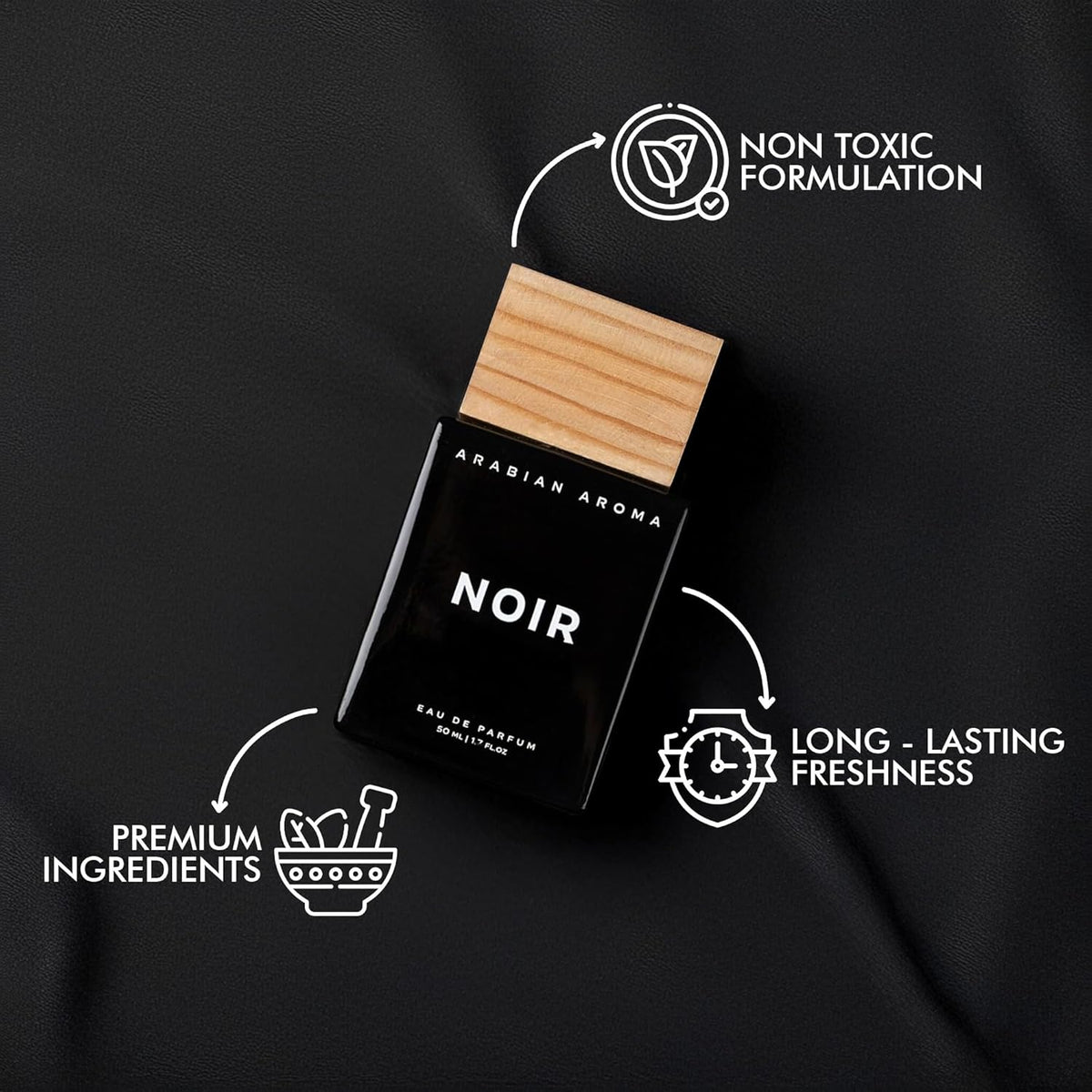 Black perfume bottle labeled 'Noir' with branding and product features on a black background