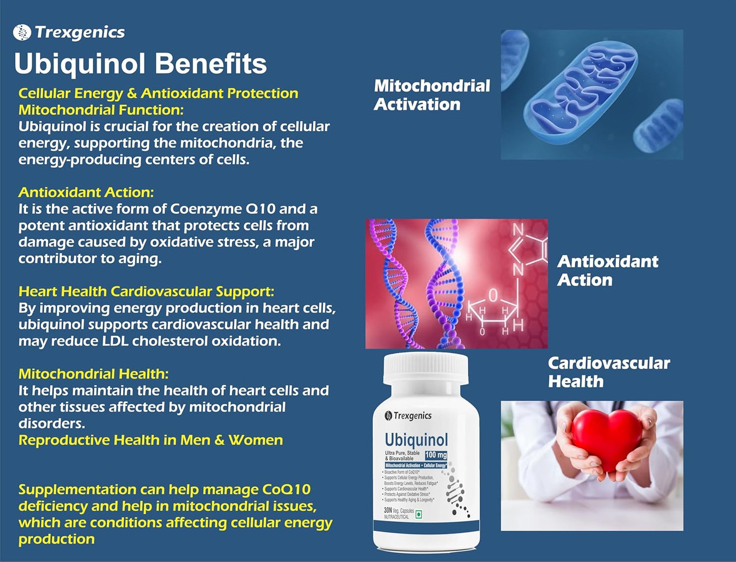 Trexgenics UBIQUINOL 100 mg, Ultra Pure, Stable, Bioavailable, Mitochondrial Function, Cellular Energy, Longevity, Antioxidant (30 Veg Capsules)
