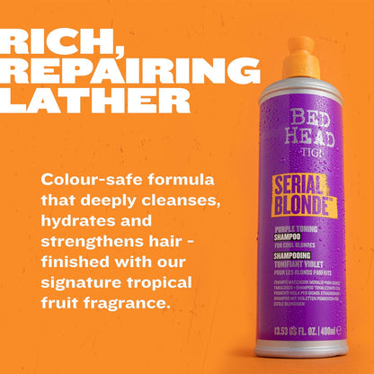 Bed Head TIGI Serial Blonde Restoring Shampoo for Damaged Hair, Colour Enhancing & Protection Shampoo with Keratin for Blonde Coloured Hair, Restores & Revives, UV Protection, Deep Cleanses & Moisturizes Hair, Exotic Tropical Fragrance, 600ml